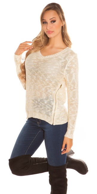 Trendy knit sweater with zips Beige